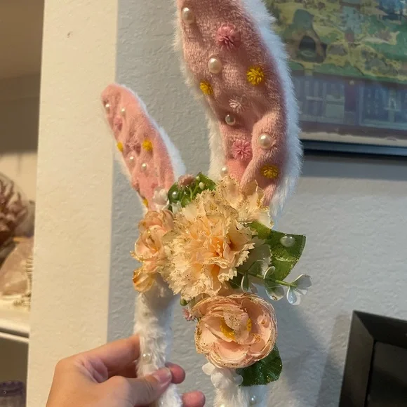 Floral Easter Ears / Bunny Ear Headband - Pink and White - Picture 5 of 5
